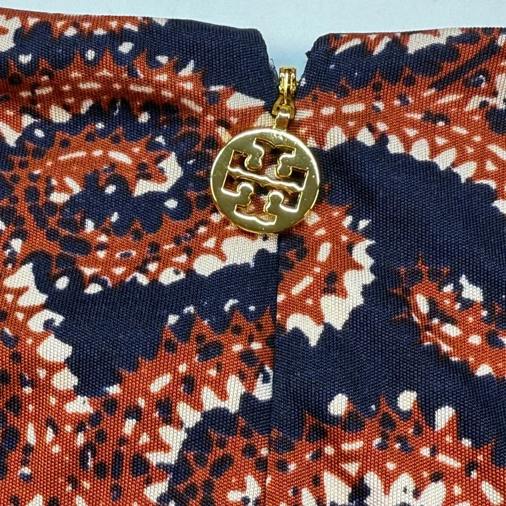 Tory Burch Silk Paisley Sheath Dress Size Medium Sleeveless Tie Waist Navy Rust